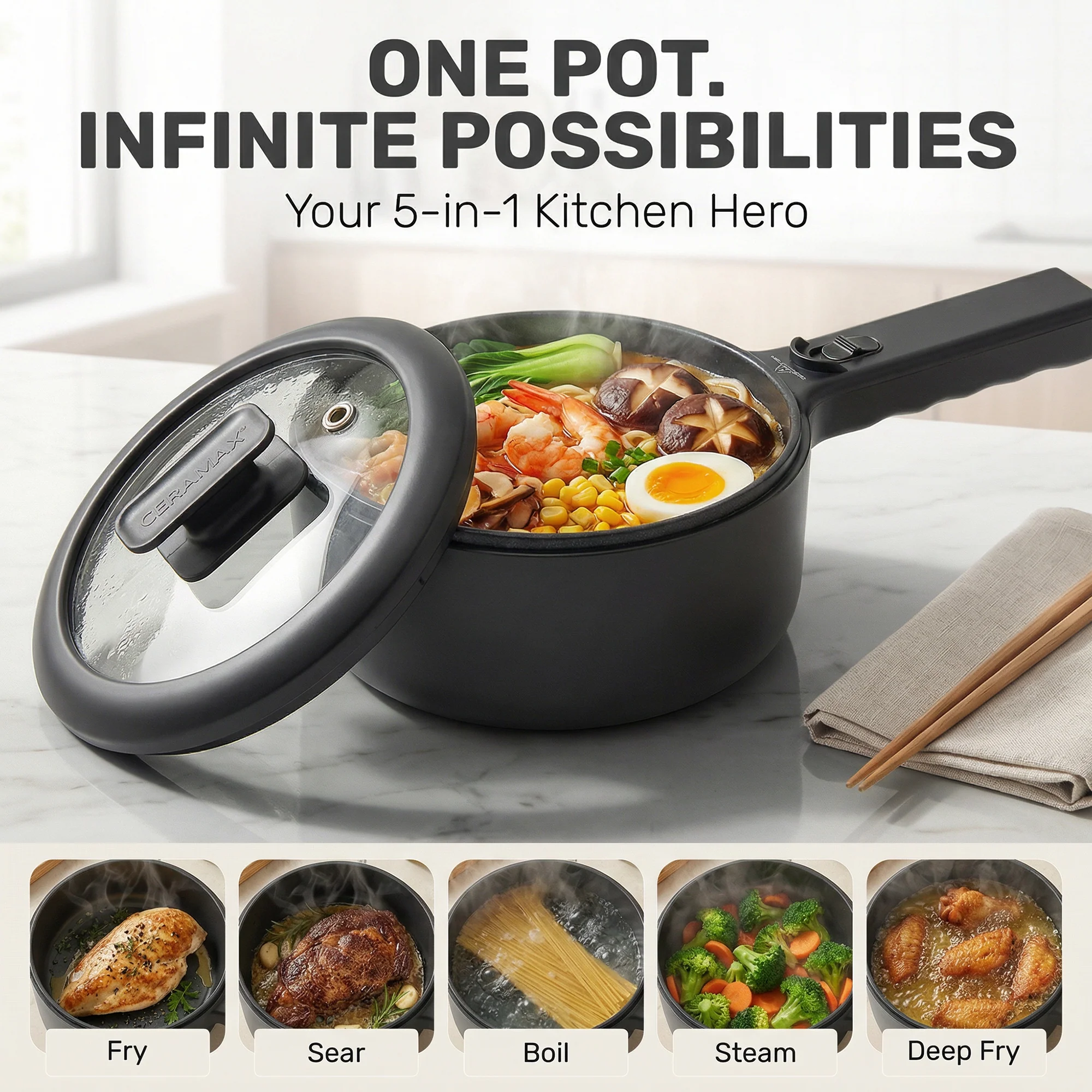 Ceramax Electric Cooker Nonstick Ceramic Skillet Pan Hot Pot Mini Cooker with Lid Steamer - Image 14