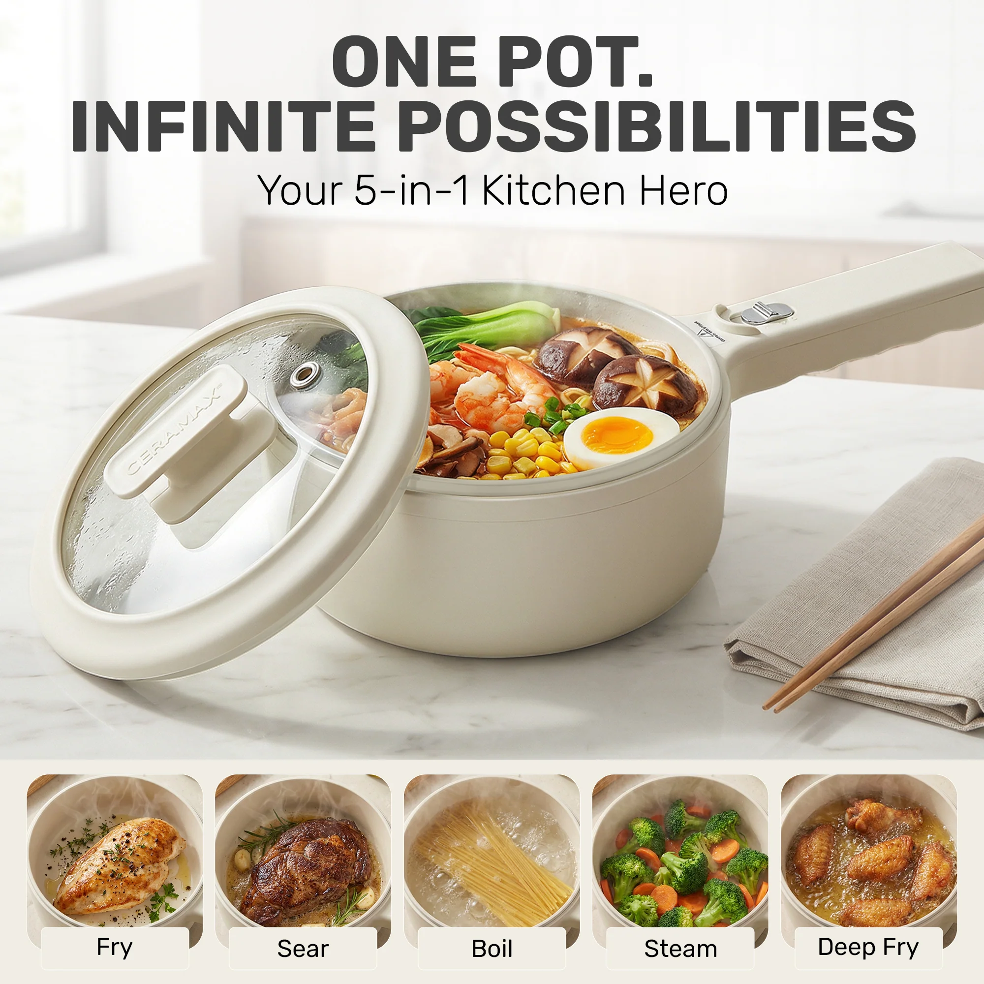 Ceramax Electric Cooker Nonstick Ceramic Skillet Pan Hot Pot Mini Cooker with Lid Steamer - Image 4