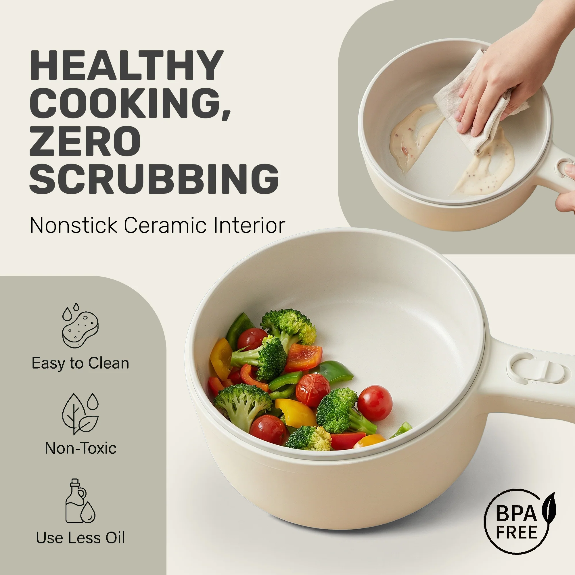 Ceramax Electric Cooker Nonstick Ceramic Skillet Pan Hot Pot Mini Cooker with Lid Steamer - Image 5
