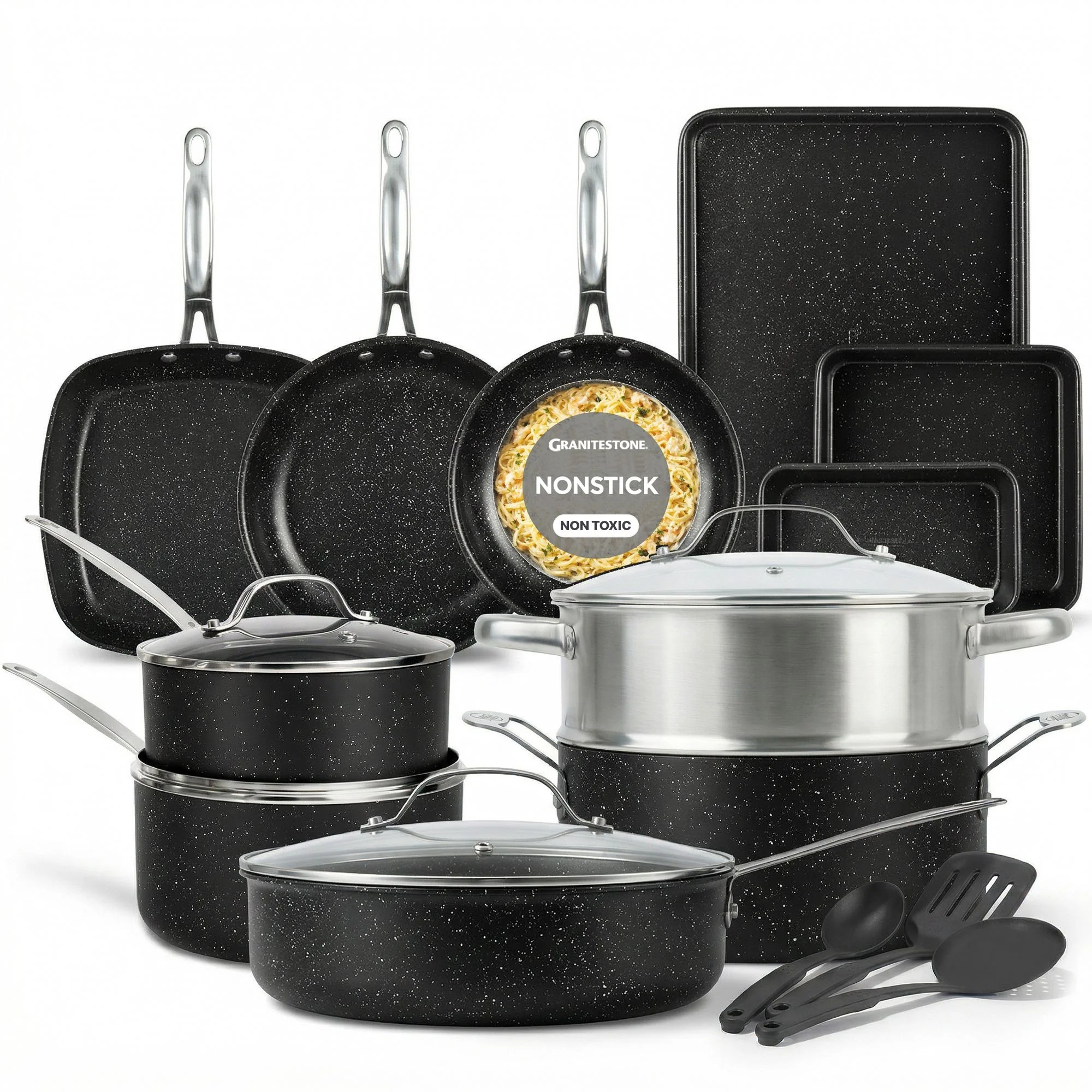 20-Piece EXPRESS SET, Ceramic Nonstick Pots and Pan Set, Bakeware, Utensils, Frying Pan, Stock Pot, Steamer, Stainless Steel Handles - Image 12