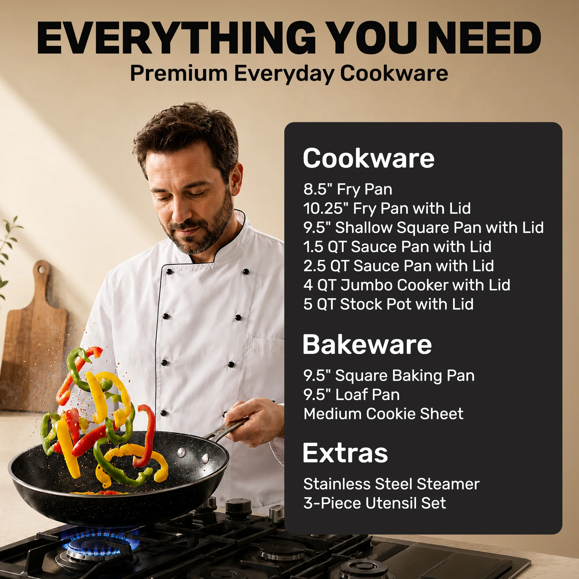 20-Piece EXPRESS SET, Ceramic Nonstick Pots and Pan Set, Bakeware, Utensils, Frying Pan, Stock Pot, Steamer, Stainless Steel Handles - Image 3