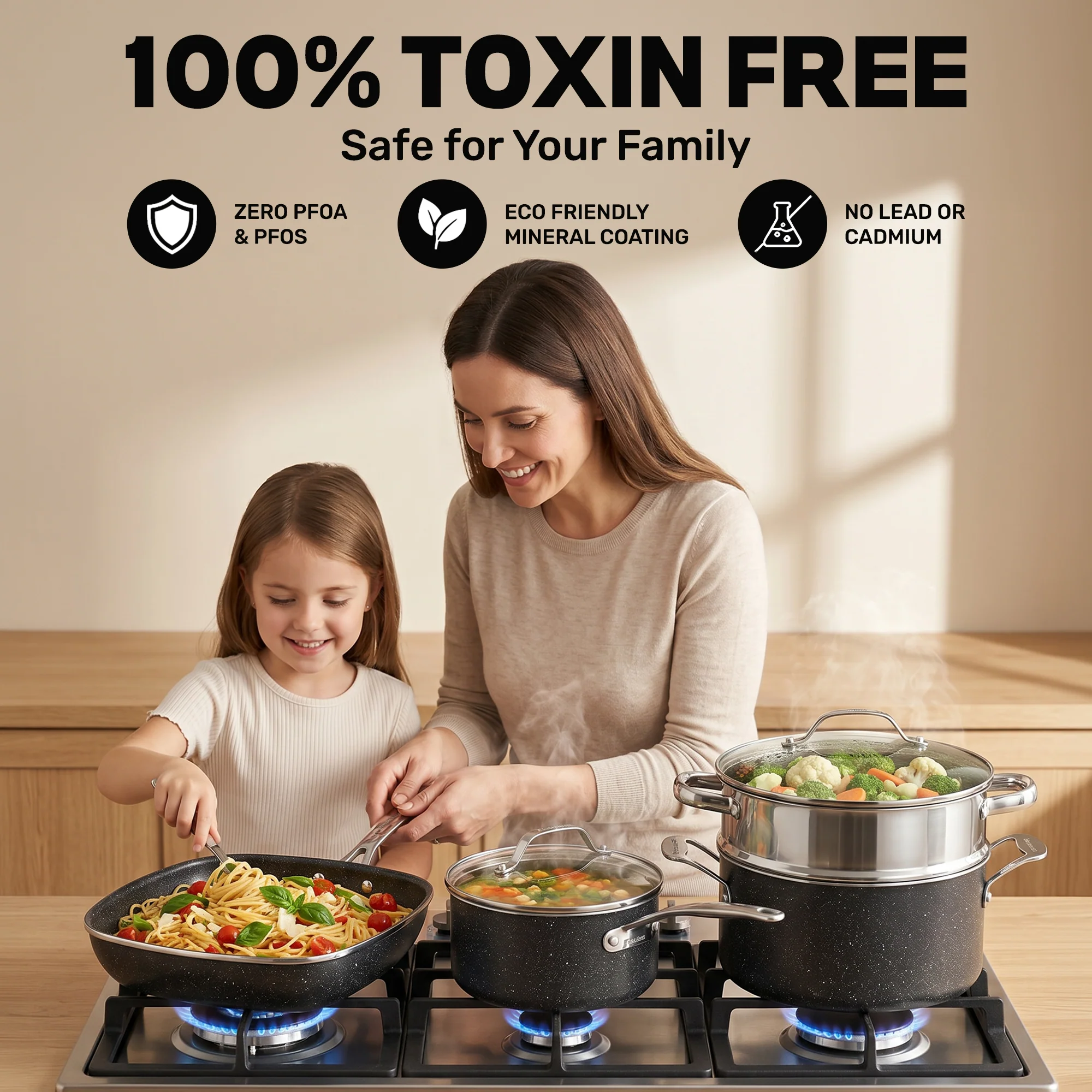 20-Piece EXPRESS SET, Ceramic Nonstick Pots and Pan Set, Bakeware, Utensils, Frying Pan, Stock Pot, Steamer, Stainless Steel Handles - Image 6